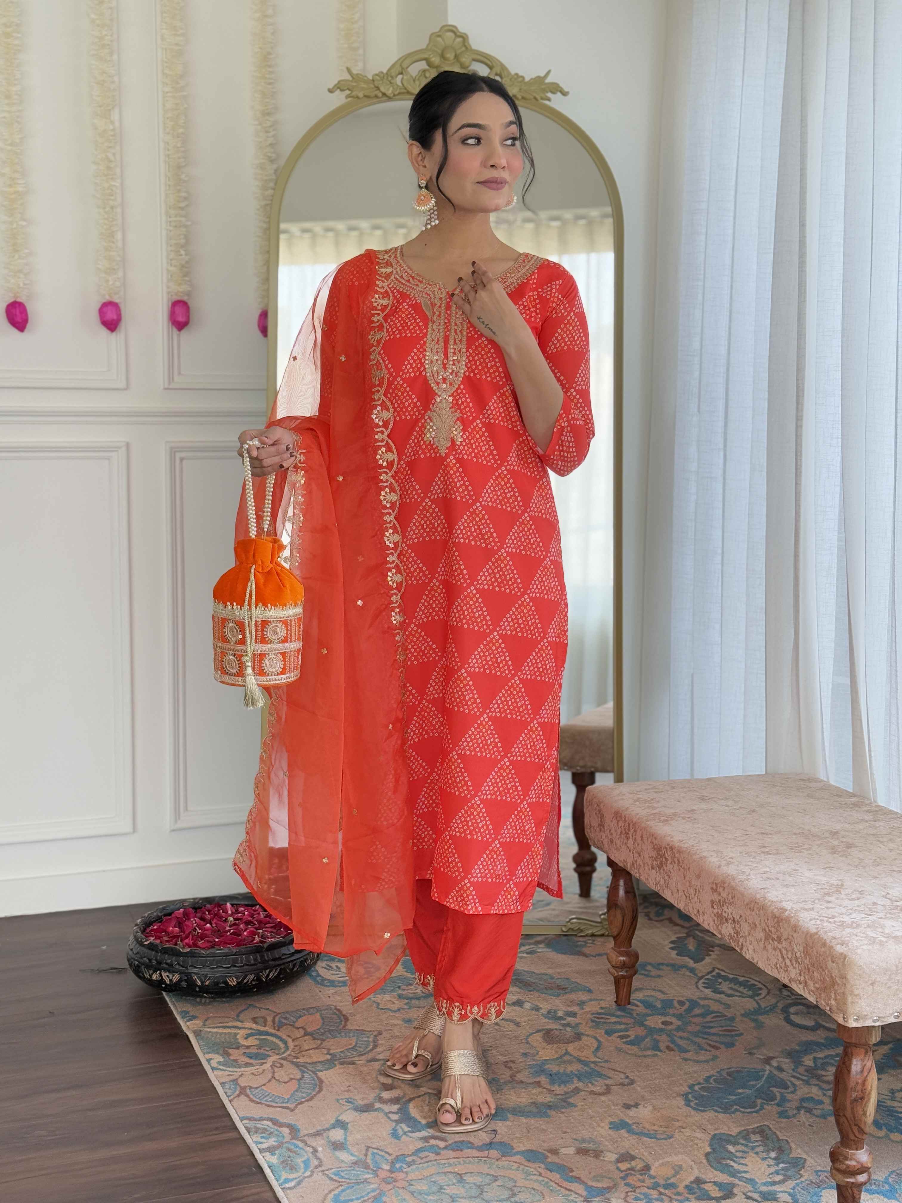 Women’s Red French Crepe Set Featuring Gadhwal Chanderi & Organza Fabric