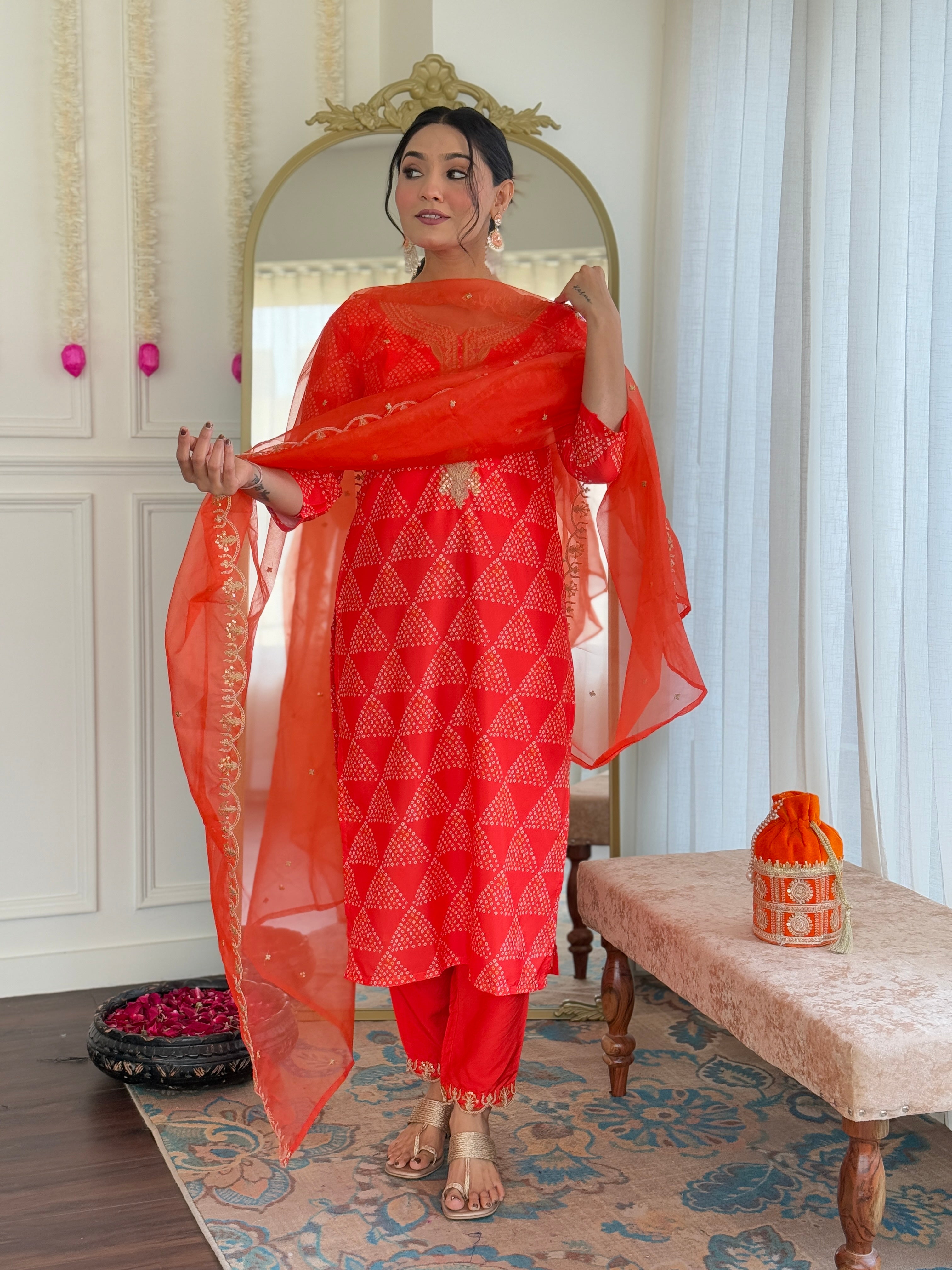 Women’s Red French Crepe Set Featuring Gadhwal Chanderi & Organza Fabric