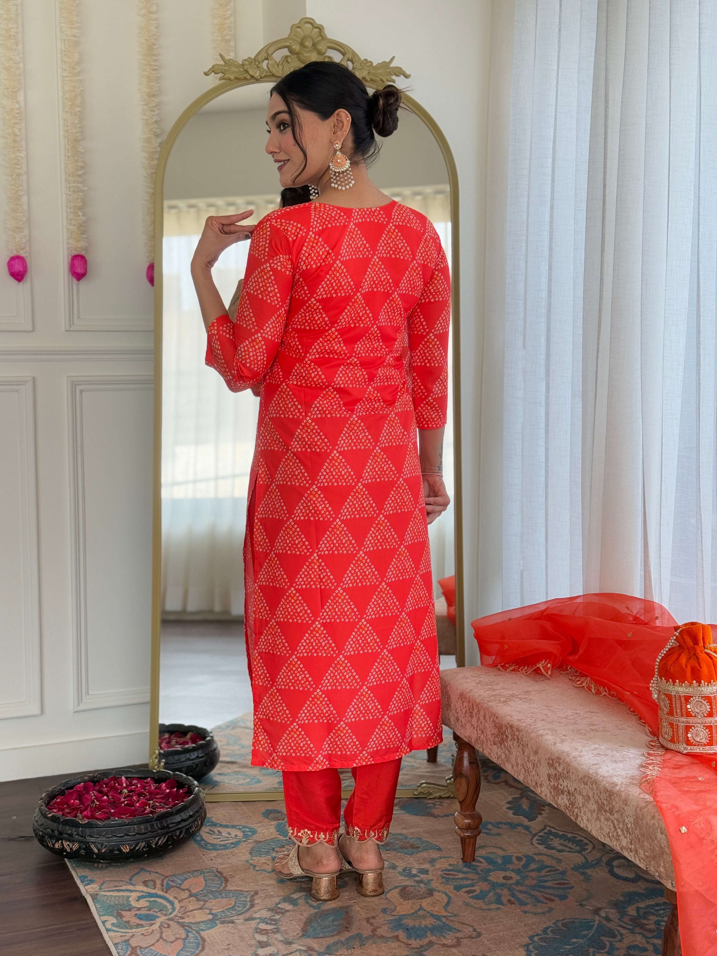 Women’s Red French Crepe Set Featuring Gadhwal Chanderi & Organza Fabric
