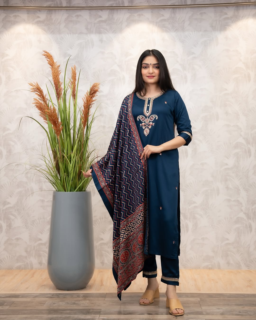 Women’s Navy Blue Chanderi Silk Embroidered Kurta Set with Muslin Dupatta
