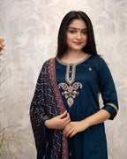 Women’s Navy Blue Chanderi Silk Embroidered Kurta Set with Muslin Dupatta
