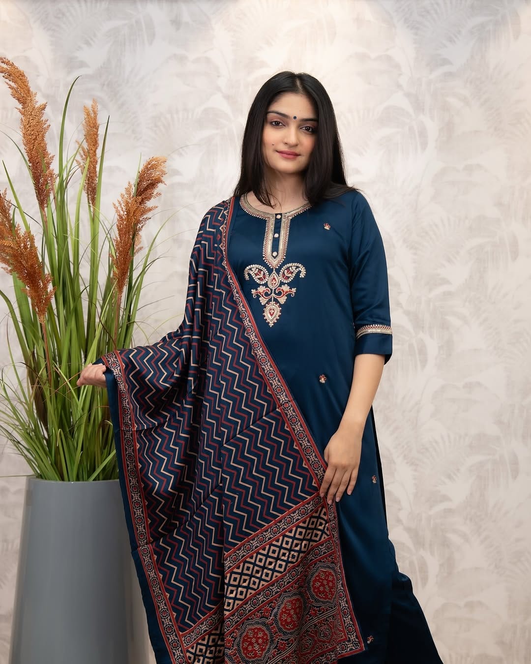 Women’s Navy Blue Chanderi Silk Embroidered Kurta Set with Muslin Dupatta