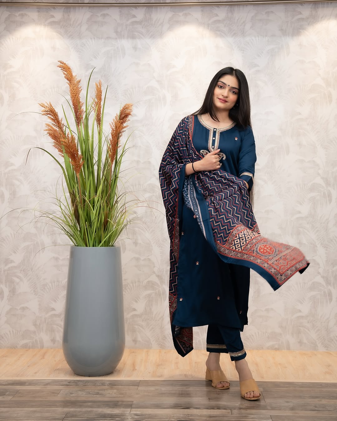 Women’s Navy Blue Chanderi Silk Embroidered Kurta Set with Muslin Dupatta