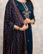 Women’s Navy Blue Chanderi Silk Embroidered Kurta Set with Muslin Dupatta