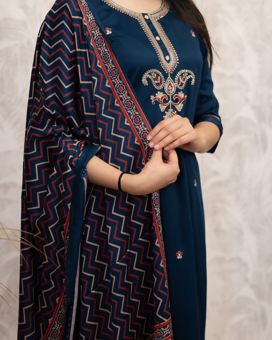 Women’s Navy Blue Chanderi Silk Embroidered Kurta Set with Muslin Dupatta