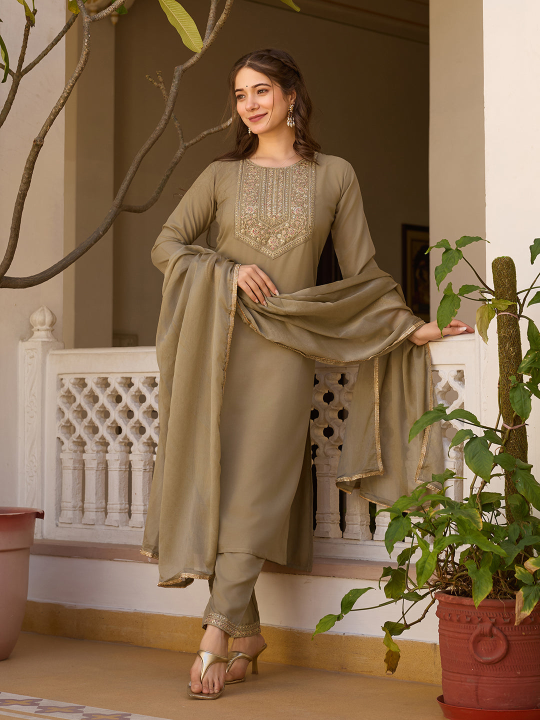 Women's Coffee Embroidered Kurti with Pants Set, Traditional Gold Embellished Neckline, 3/4 Sleeves