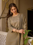 Women's Coffee Embroidered Kurti with Pants Set, Traditional Gold Embellished Neckline, 3/4 Sleeves