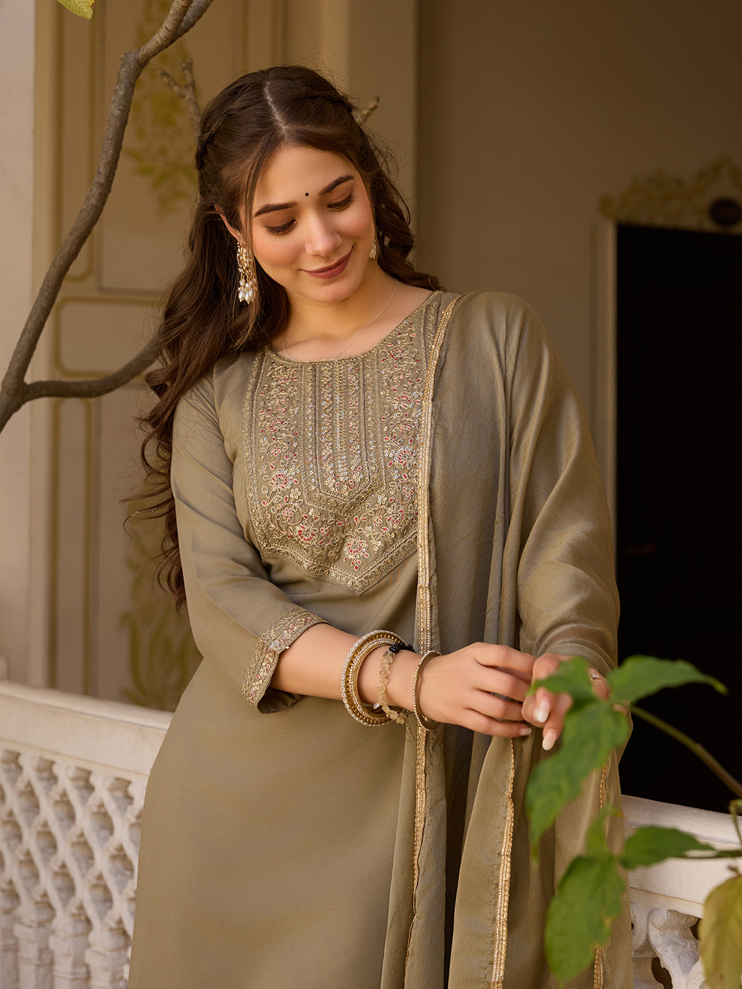 Women's Coffee Embroidered Kurti with Pants Set, Traditional Gold Embellished Neckline, 3/4 Sleeves