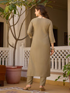 Women's Coffee Embroidered Kurti with Pants Set, Traditional Gold Embellished Neckline, 3/4 Sleeves