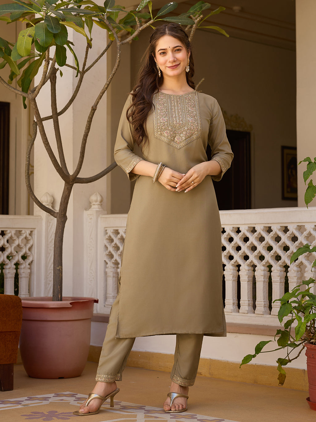 Women's Coffee Embroidered Kurti with Pants Set, Traditional Gold Embellished Neckline, 3/4 Sleeves