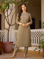 Women's Coffee Embroidered Kurti with Pants Set, Traditional Gold Embellished Neckline, 3/4 Sleeves