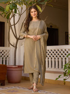 Women's Coffee Embroidered Kurti with Pants Set, Traditional Gold Embellished Neckline, 3/4 Sleeves