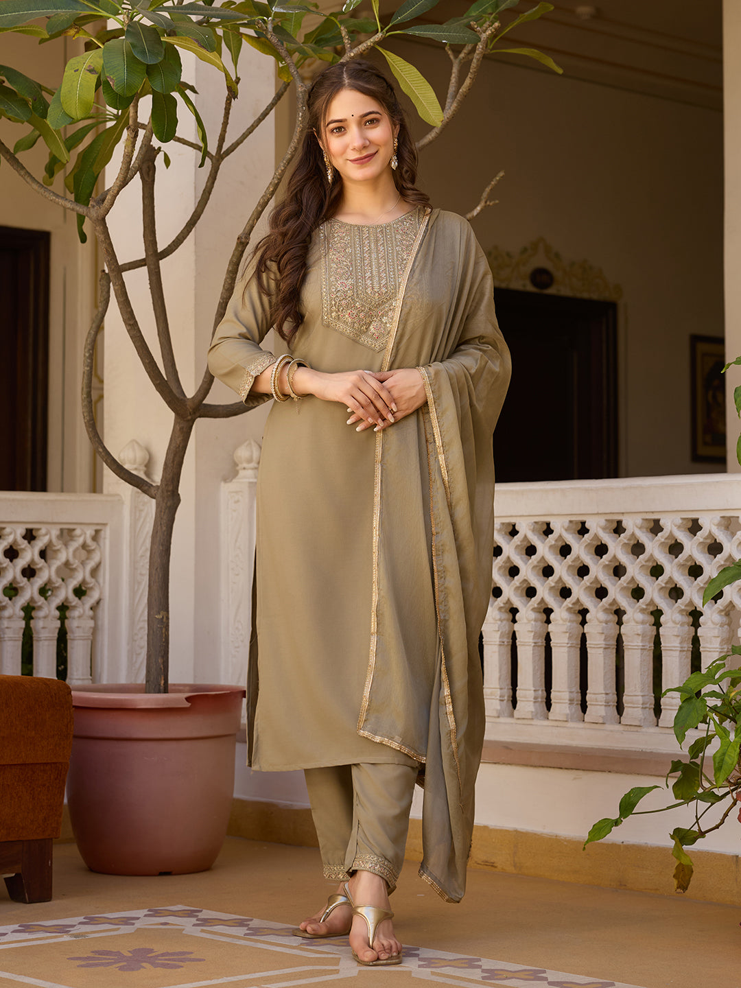 Women's Coffee Embroidered Kurti with Pants Set, Traditional Gold Embellished Neckline, 3/4 Sleeves