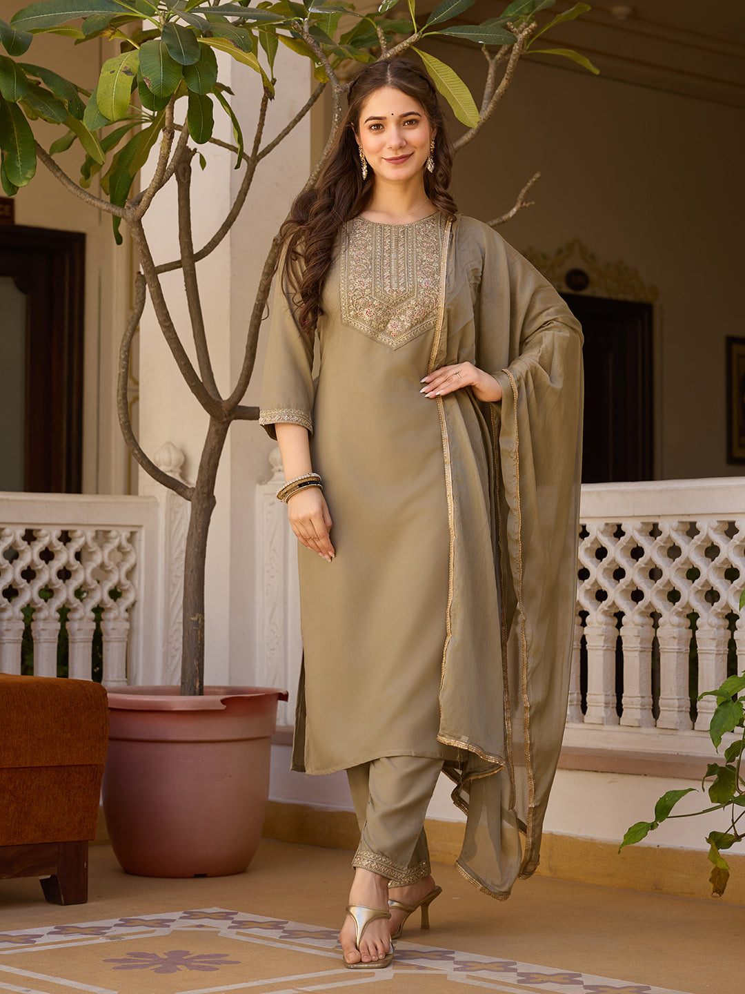 Women's Coffee Embroidered Kurti with Pants Set, Traditional Gold Embellished Neckline, 3/4 Sleeves