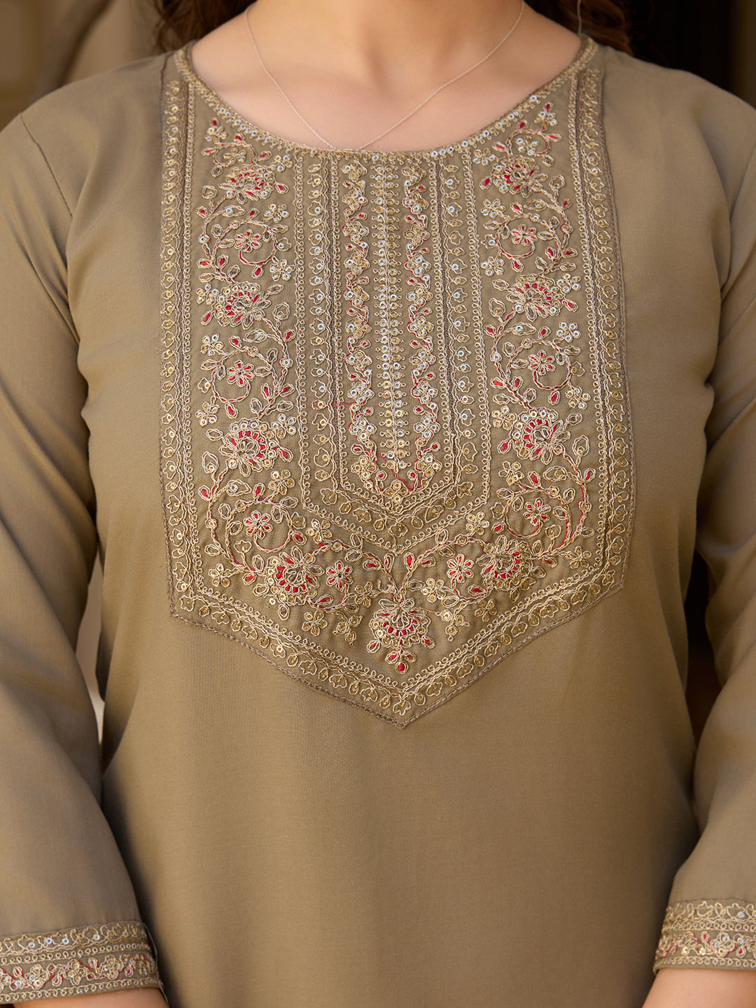 Women's Coffee Embroidered Kurti with Pants Set, Traditional Gold Embellished Neckline, 3/4 Sleeves