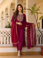Women's Maroon Embroidered Kurti with Pants Set, Traditional Gold Embellished Neckline, 3/4 Sleeves