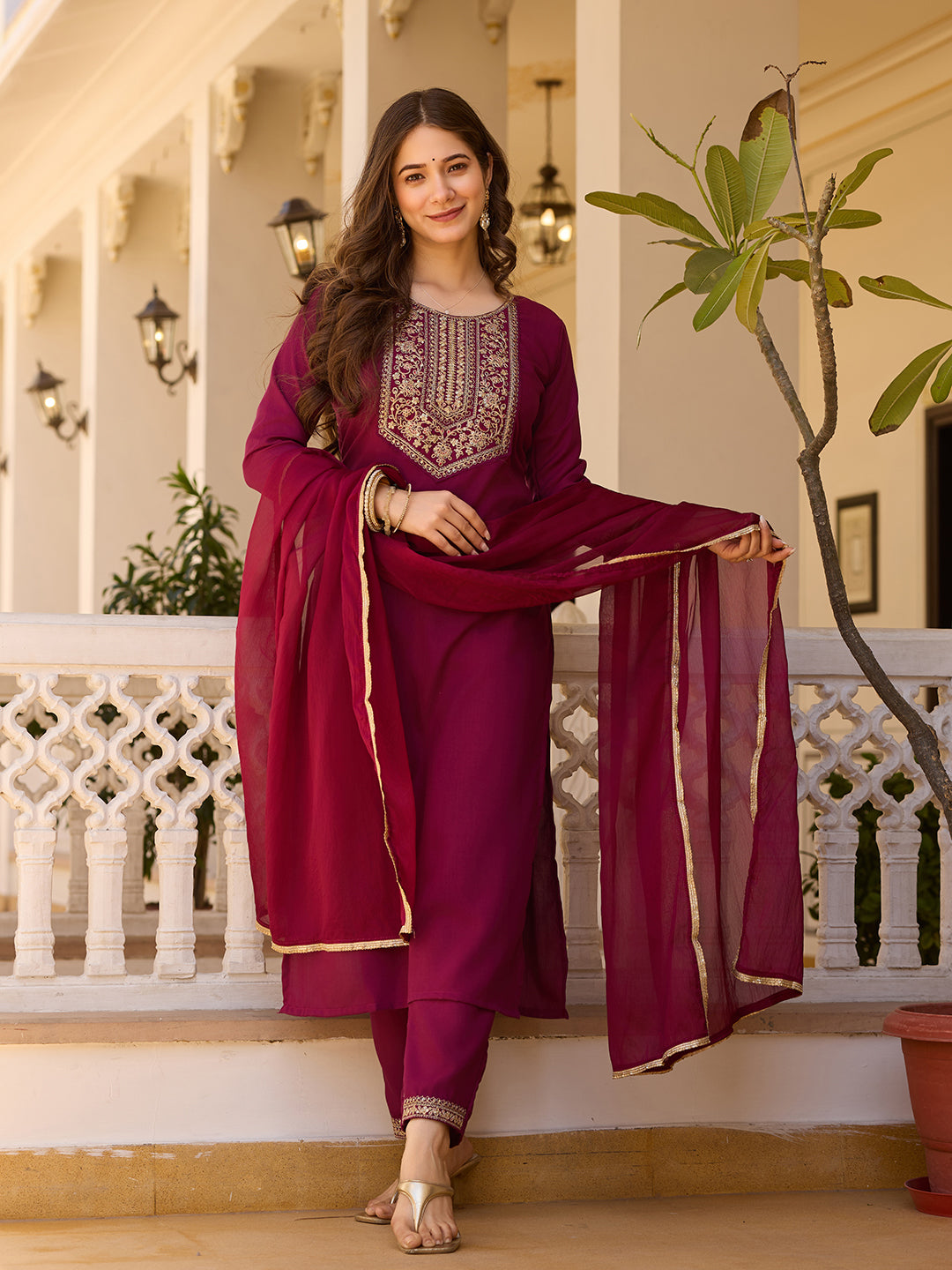 Women's Maroon Embroidered Kurti with Pants Set, Traditional Gold Embellished Neckline, 3/4 Sleeves