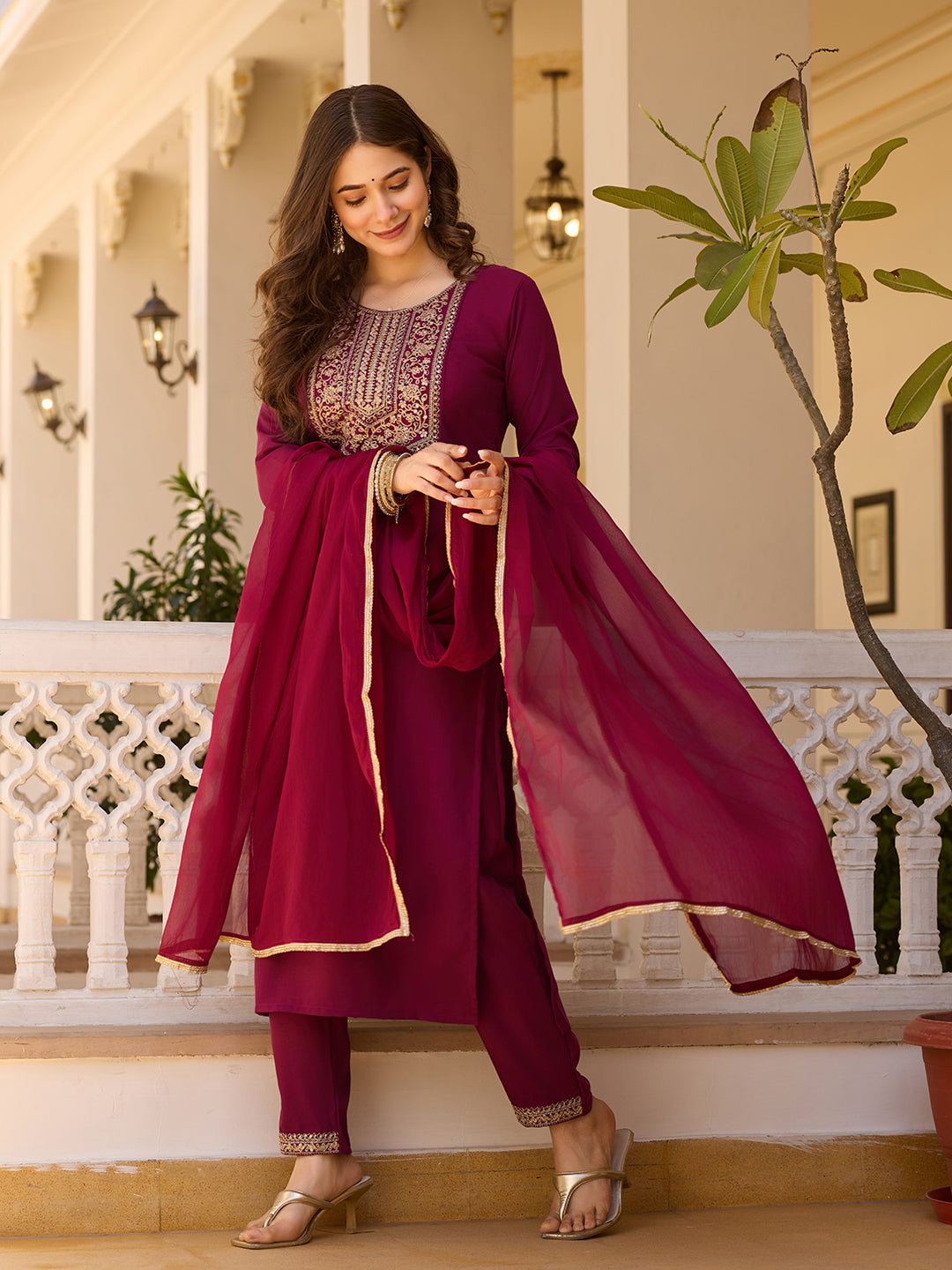 Women's Maroon Embroidered Kurti with Pants Set, Traditional Gold Embellished Neckline, 3/4 Sleeves