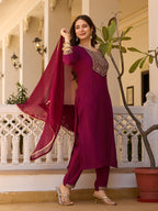 Women's Maroon Embroidered Kurti with Pants Set, Traditional Gold Embellished Neckline, 3/4 Sleeves