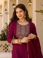 Women's Maroon Embroidered Kurti with Pants Set, Traditional Gold Embellished Neckline, 3/4 Sleeves