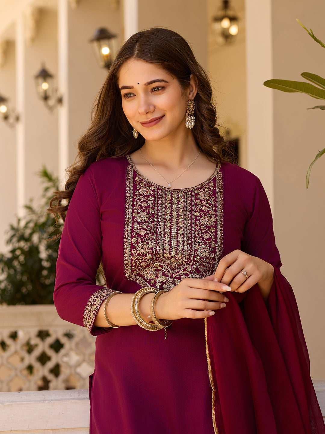 Women's Maroon Embroidered Kurti with Pants Set, Traditional Gold Embellished Neckline, 3/4 Sleeves