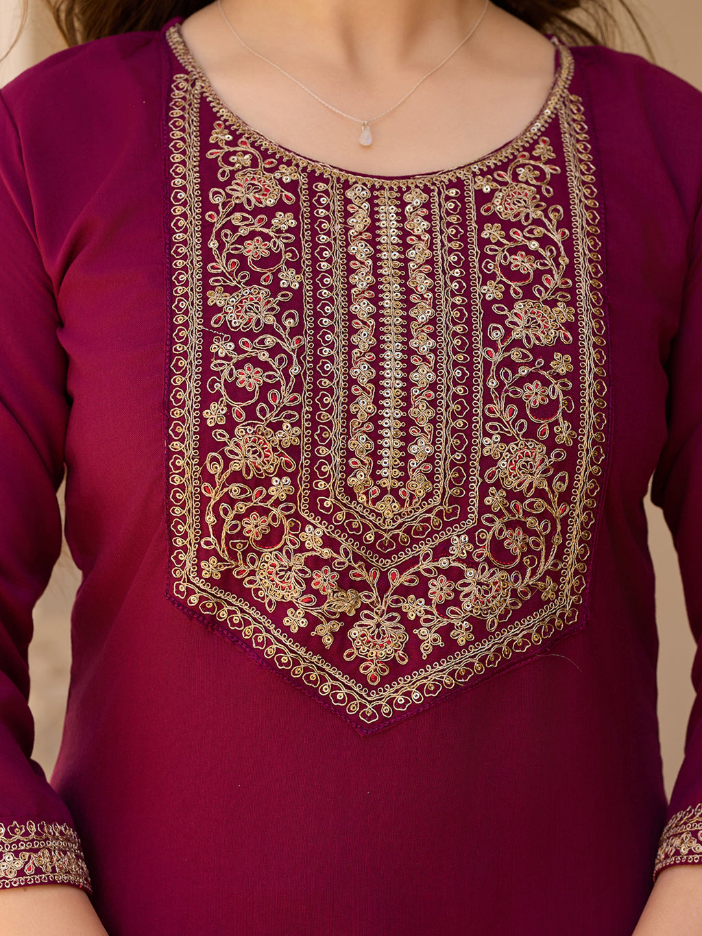 Women's Maroon Embroidered Kurti with Pants Set, Traditional Gold Embellished Neckline, 3/4 Sleeves