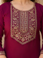 Women's Maroon Embroidered Kurti with Pants Set, Traditional Gold Embellished Neckline, 3/4 Sleeves