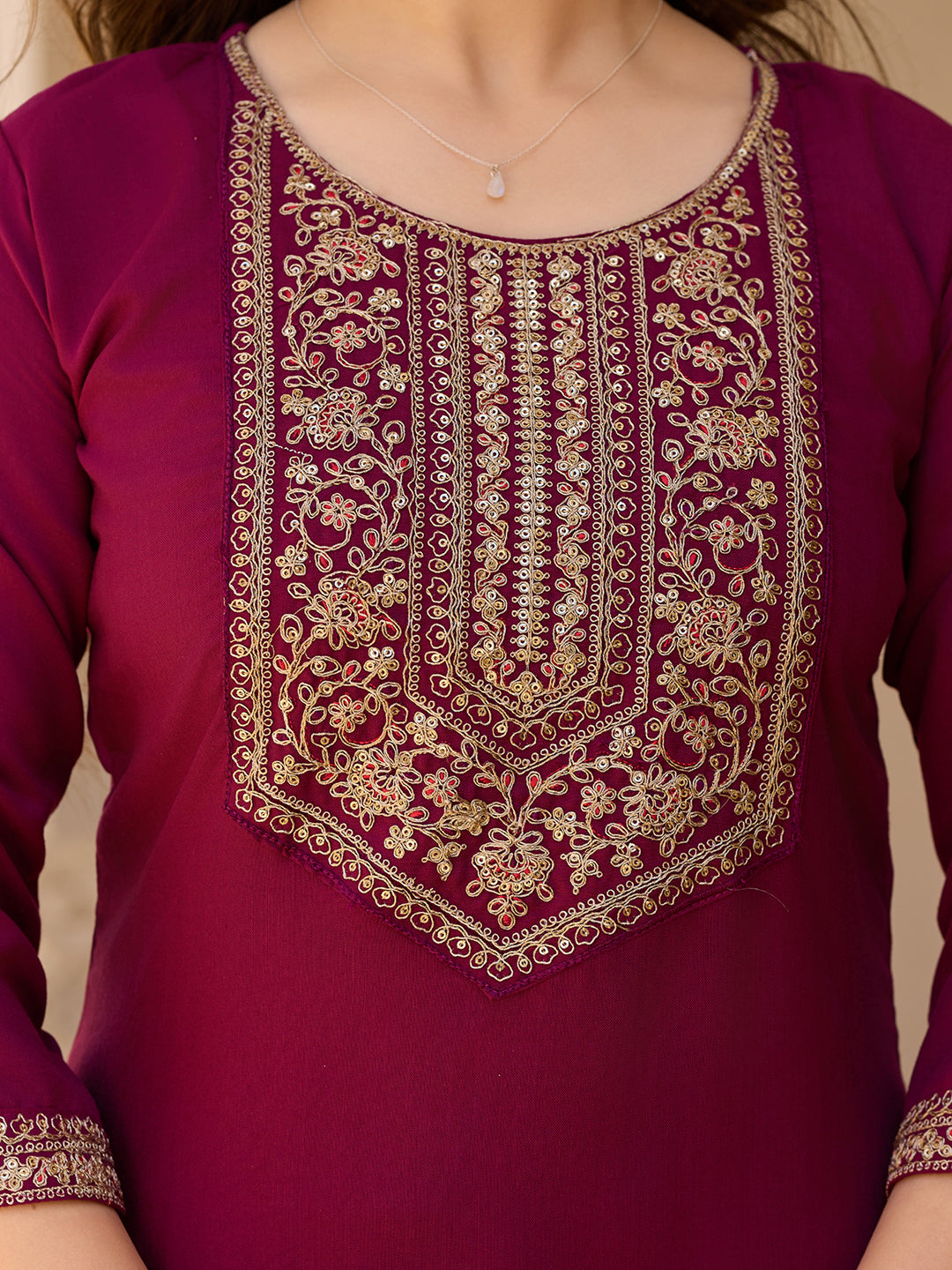 Women's Maroon Embroidered Kurti with Pants Set, Traditional Gold Embellished Neckline, 3/4 Sleeves