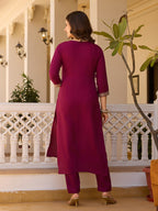 Women's Maroon Embroidered Kurti with Pants Set, Traditional Gold Embellished Neckline, 3/4 Sleeves