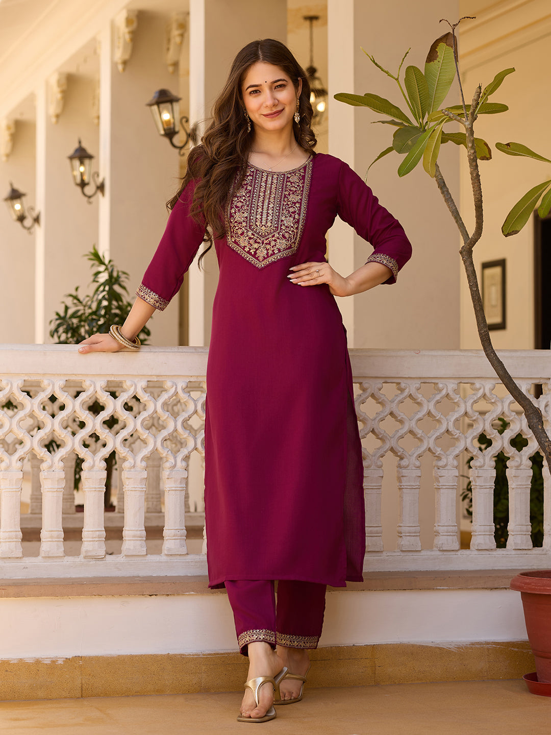 Women's Maroon Embroidered Kurti with Pants Set, Traditional Gold Embellished Neckline, 3/4 Sleeves