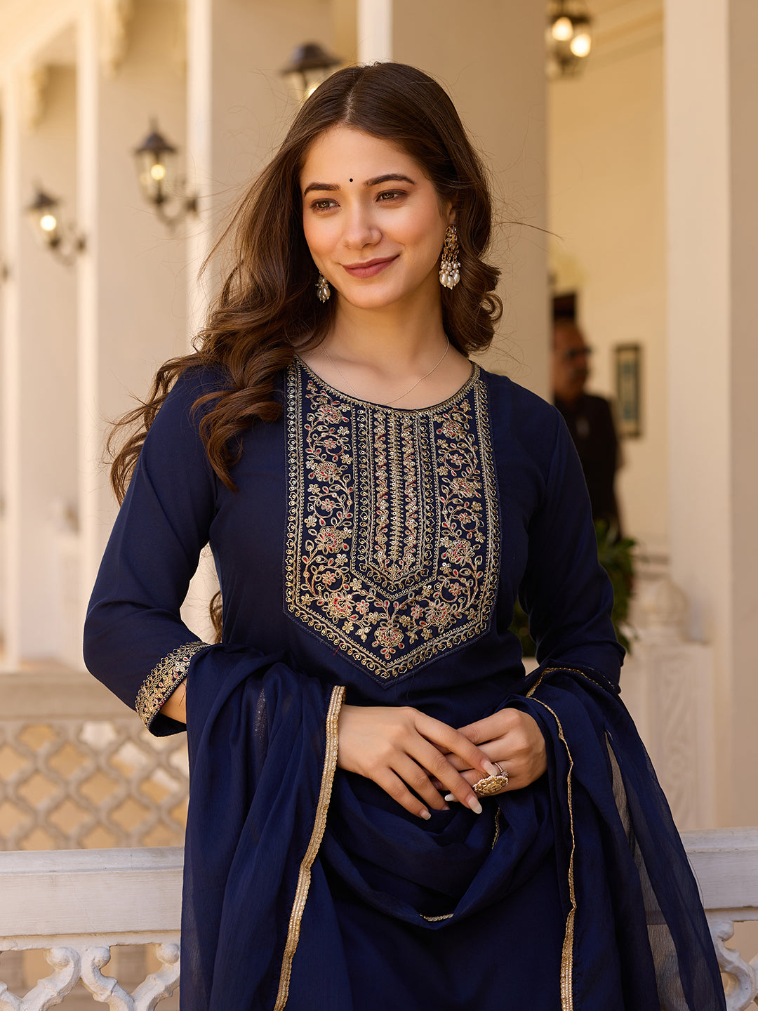 Women's Blue Embroidered Kurti with Pants Set, Traditional Gold Embellished Neckline, 3/4 Sleeves