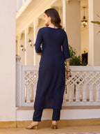 Women's Blue Embroidered Kurti with Pants Set, Traditional Gold Embellished Neckline, 3/4 Sleeves