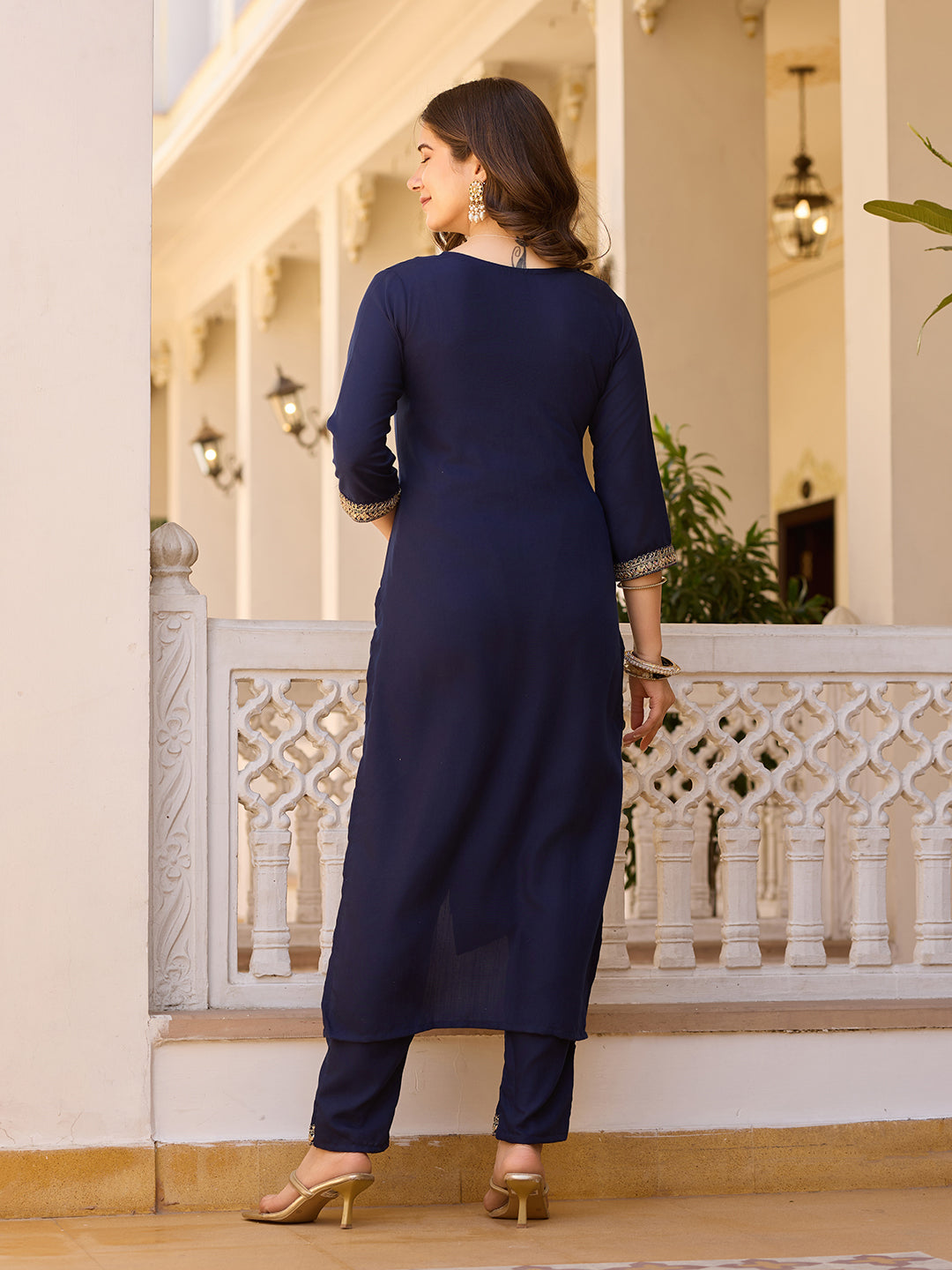 Women's Blue Embroidered Kurti with Pants Set, Traditional Gold Embellished Neckline, 3/4 Sleeves