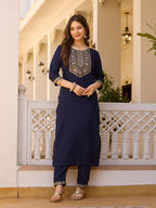 Women's Blue Embroidered Kurti with Pants Set, Traditional Gold Embellished Neckline, 3/4 Sleeves