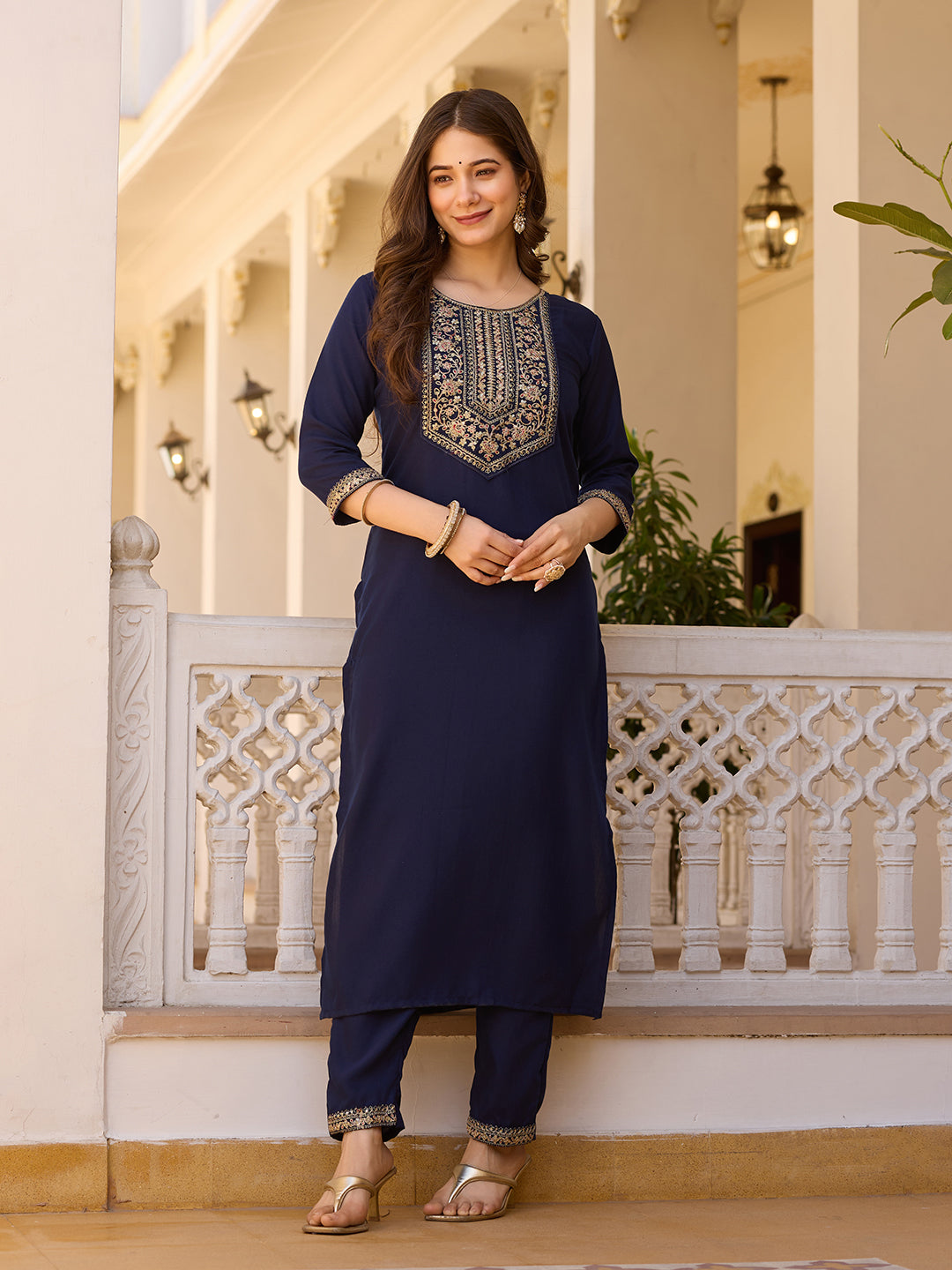 Women's Blue Embroidered Kurti with Pants Set, Traditional Gold Embellished Neckline, 3/4 Sleeves