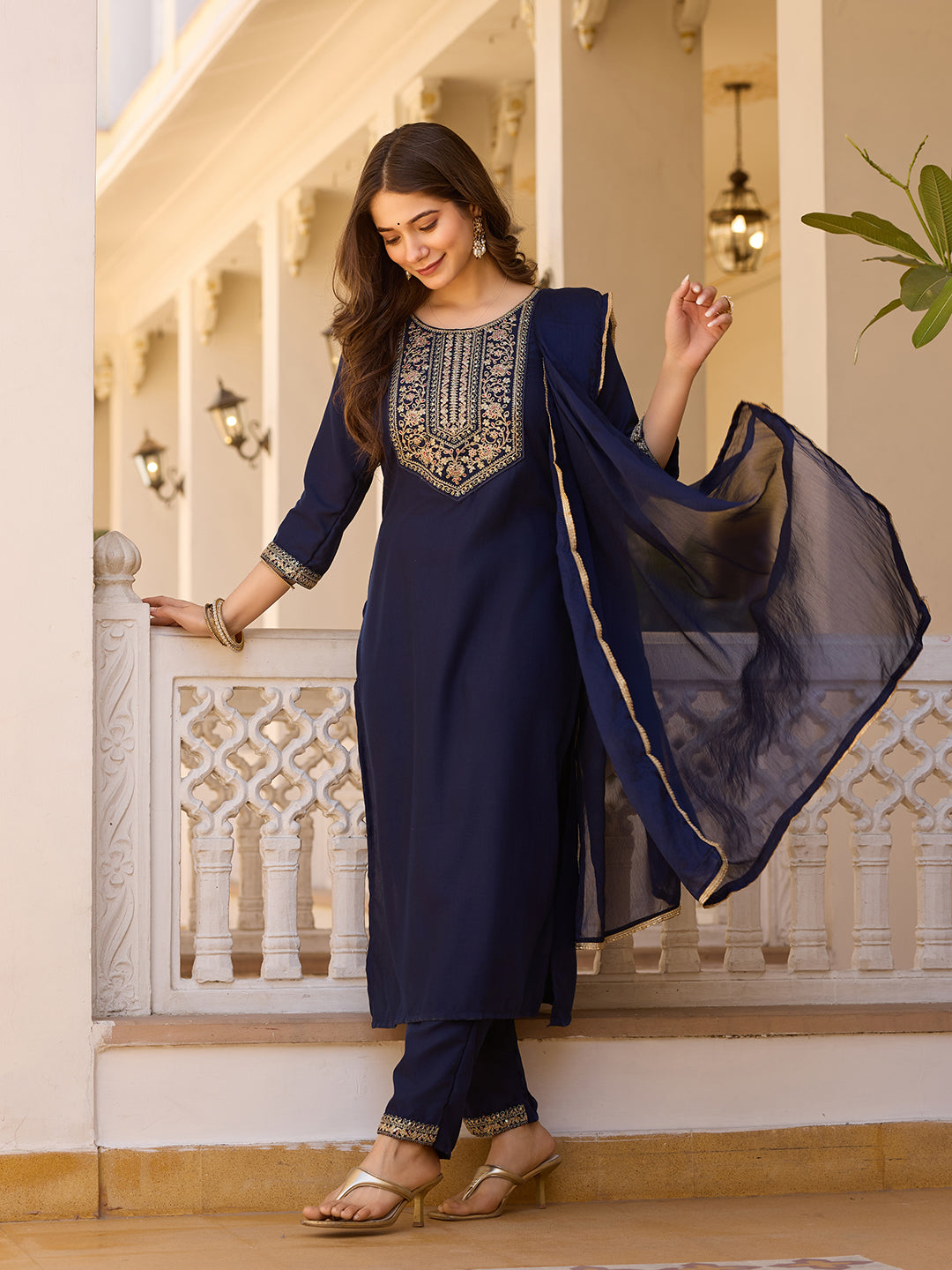 Women's Blue Embroidered Kurti with Pants Set, Traditional Gold Embellished Neckline, 3/4 Sleeves