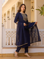 Women's Blue Embroidered Kurti with Pants Set, Traditional Gold Embellished Neckline, 3/4 Sleeves