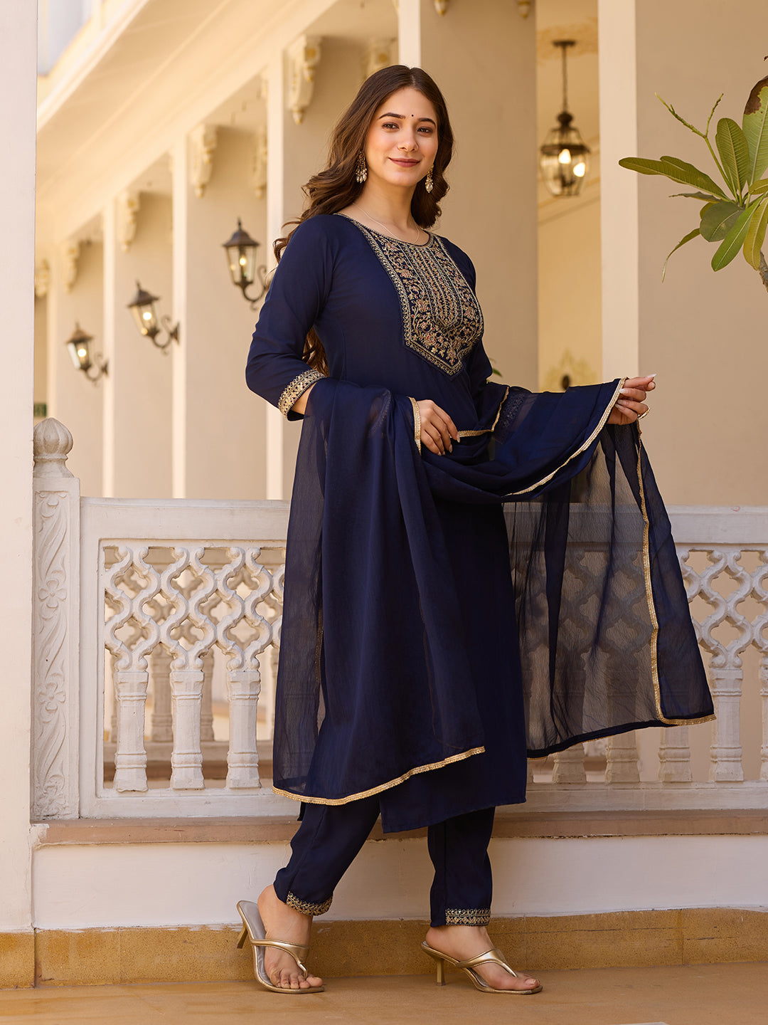 Women's Blue Embroidered Kurti with Pants Set, Traditional Gold Embellished Neckline, 3/4 Sleeves