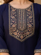 Women's Blue Embroidered Kurti with Pants Set, Traditional Gold Embellished Neckline, 3/4 Sleeves