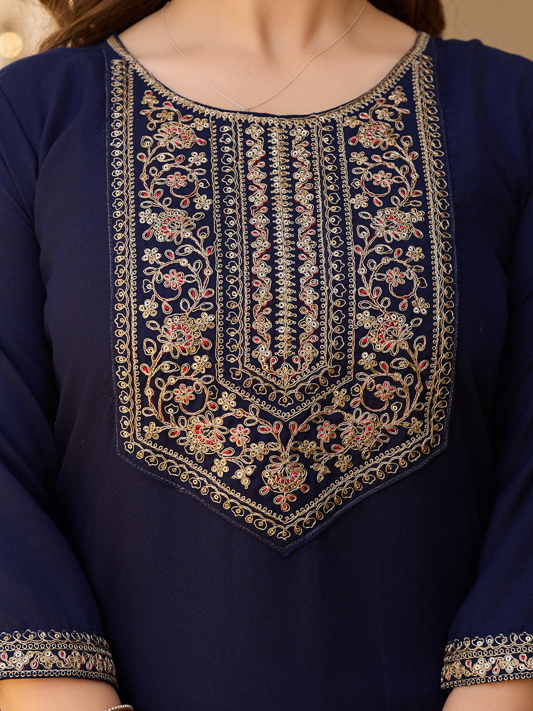 Women's Blue Embroidered Kurti with Pants Set, Traditional Gold Embellished Neckline, 3/4 Sleeves