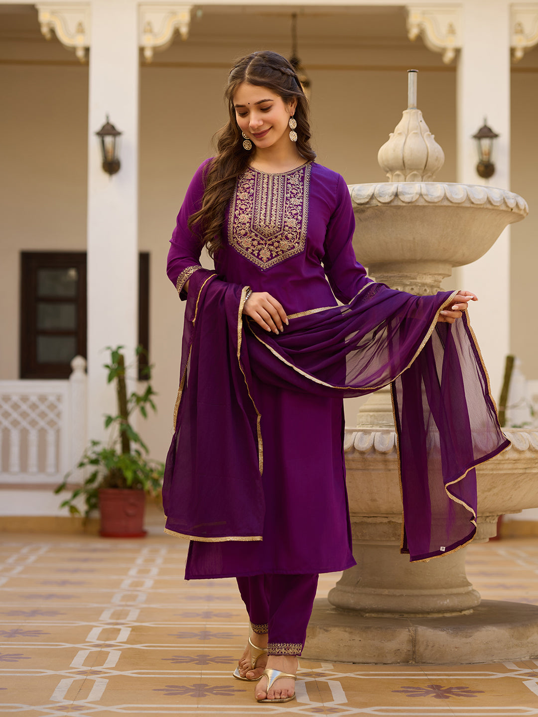 Women's Wine Embroidered Kurti with Pants Set, Traditional Gold Embellished Neckline, 3/4 Sleeves
