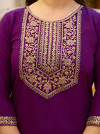 Women's Wine Embroidered Kurti with Pants Set, Traditional Gold Embellished Neckline, 3/4 Sleeves