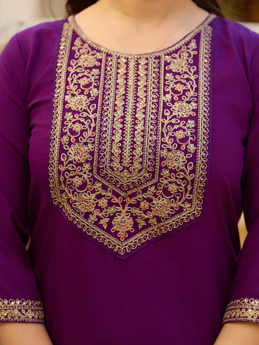 Women's Wine Embroidered Kurti with Pants Set, Traditional Gold Embellished Neckline, 3/4 Sleeves