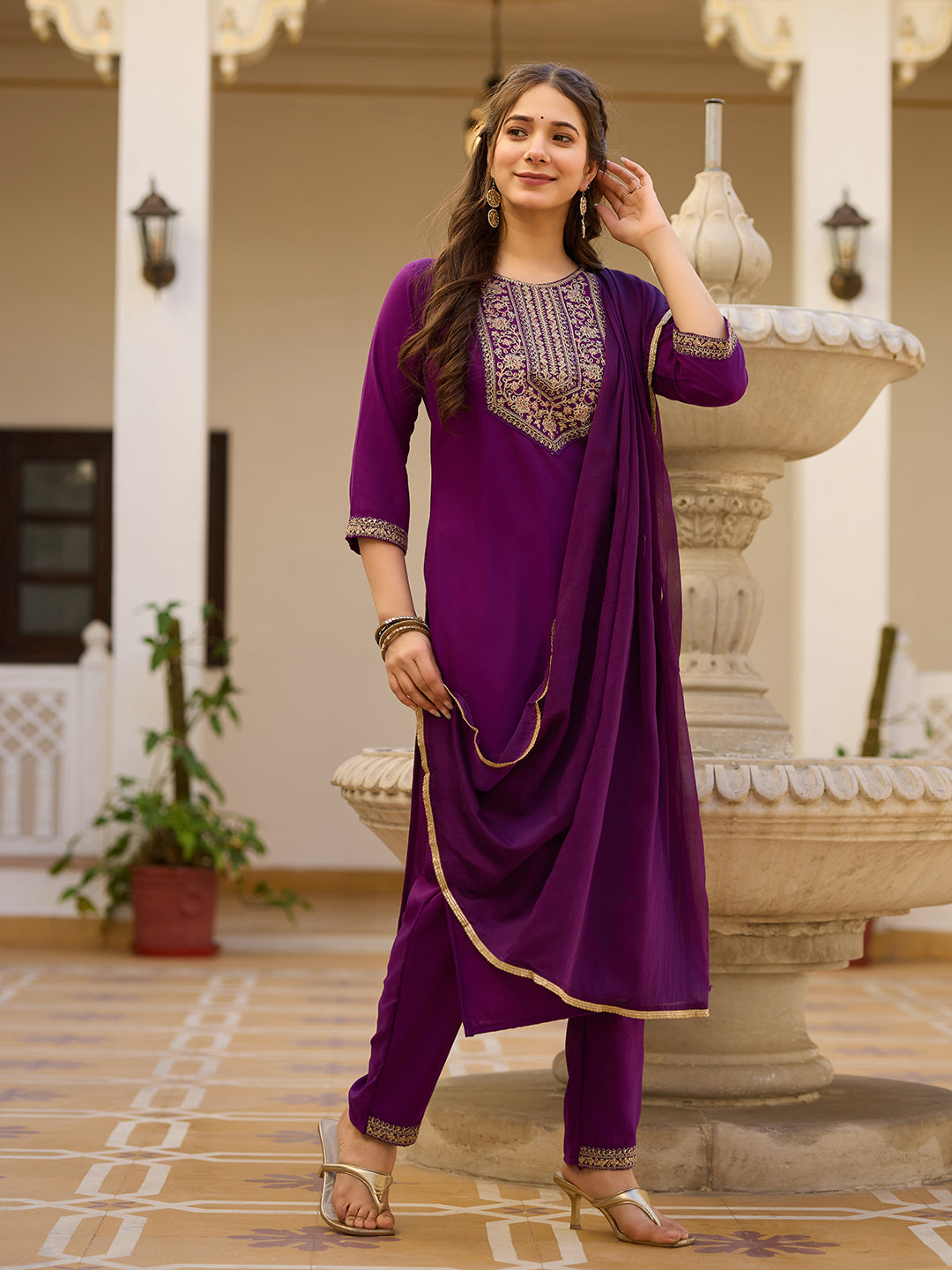 Women's Wine Embroidered Kurti with Pants Set, Traditional Gold Embellished Neckline, 3/4 Sleeves