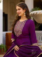 Women's Wine Embroidered Kurti with Pants Set, Traditional Gold Embellished Neckline, 3/4 Sleeves