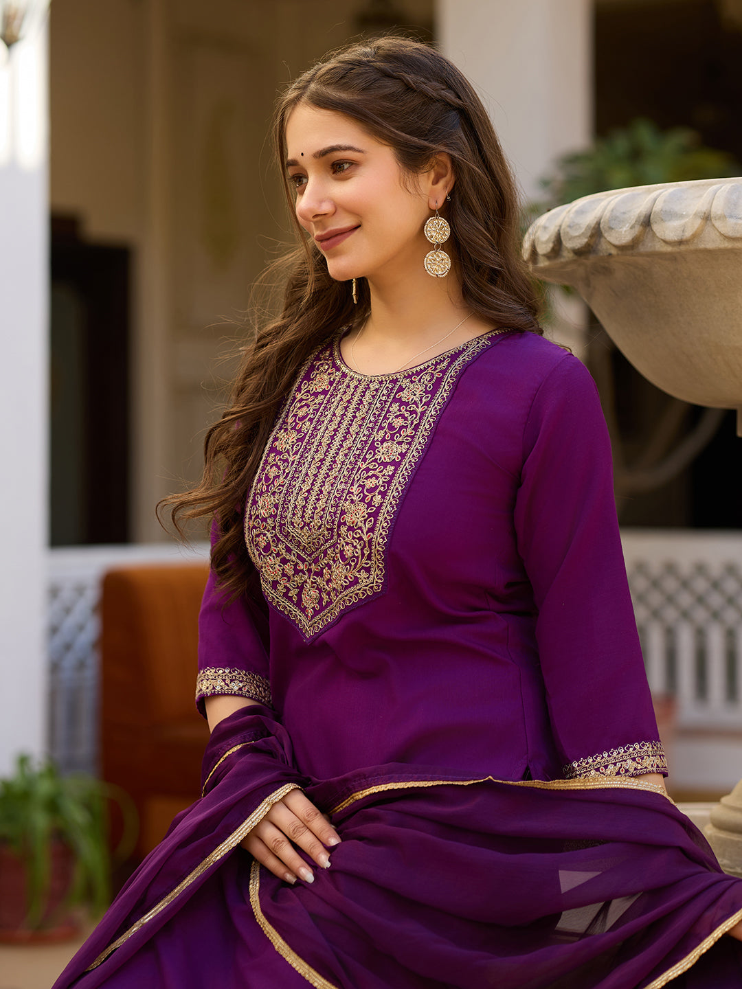 Women's Wine Embroidered Kurti with Pants Set, Traditional Gold Embellished Neckline, 3/4 Sleeves