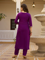 Women's Wine Embroidered Kurti with Pants Set, Traditional Gold Embellished Neckline, 3/4 Sleeves