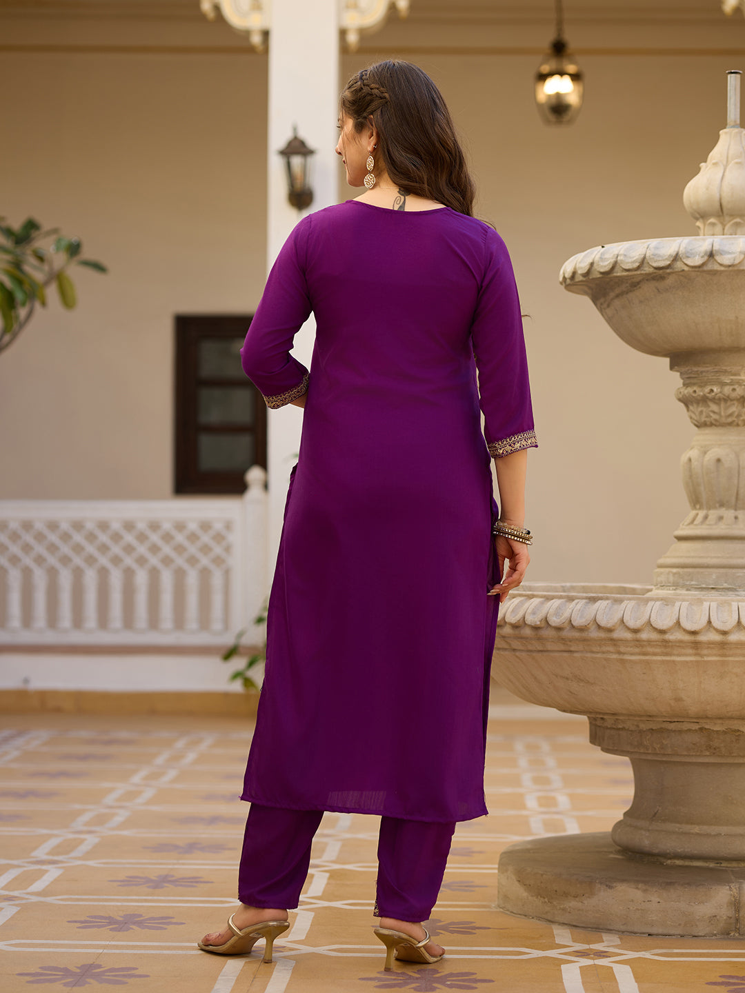 Women's Wine Embroidered Kurti with Pants Set, Traditional Gold Embellished Neckline, 3/4 Sleeves