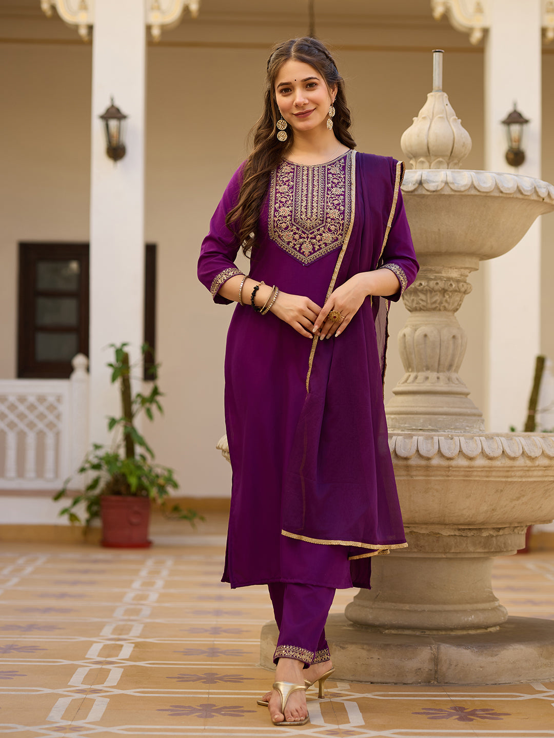 Women's Wine Embroidered Kurti with Pants Set, Traditional Gold Embellished Neckline, 3/4 Sleeves