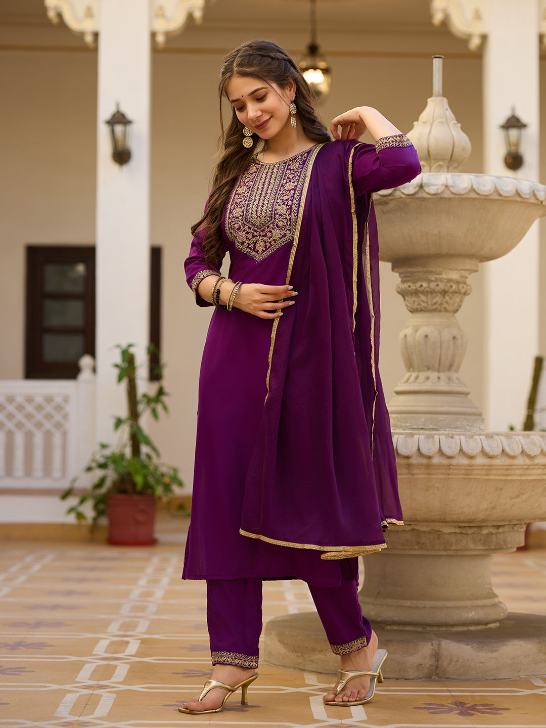 Women's Wine Embroidered Kurti with Pants Set, Traditional Gold Embellished Neckline, 3/4 Sleeves